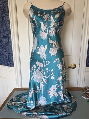 WinterSilks Silk Bamboo Floral Slip Dress Midi Teal Teal Green M Boho Y2K